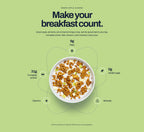 Green Apple Almond: Make your breakfast count. Green apple, almonds, and cinnamon bring a crisp, warmly spiced start to your day. Nutrition per 90g pouch of granola: 31g complete protein, 9g fiber, 0g added sugar, vitamins and minerals. Milk shown as a serving suggestion.
