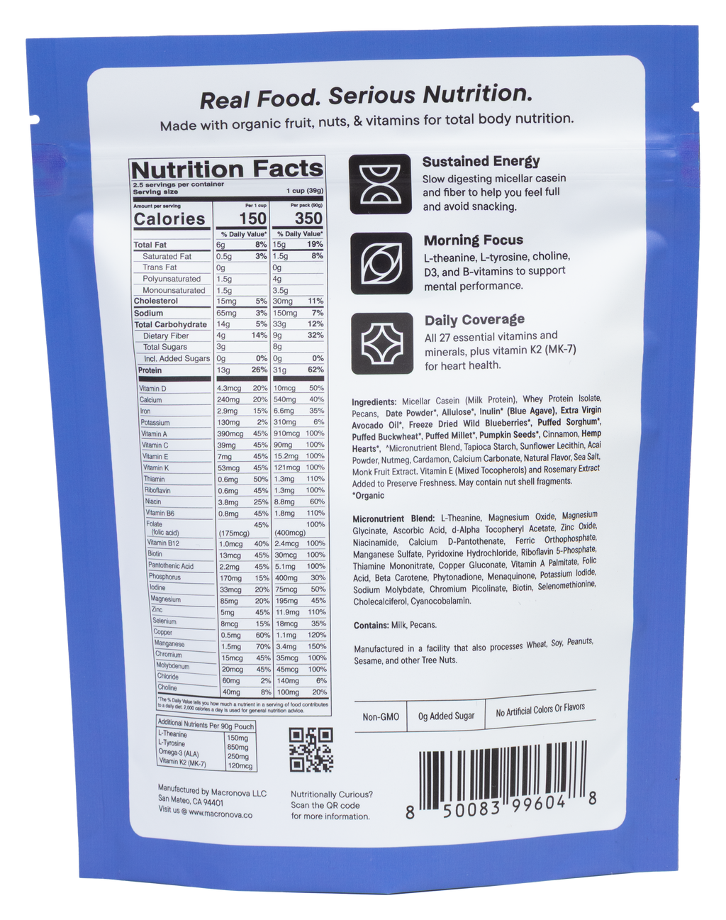 Macronova Blueberry Pecan Cinnamon pouch, back of pack