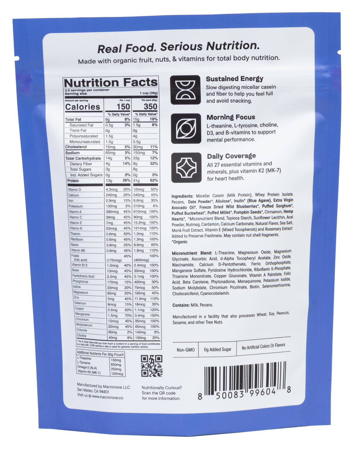Macronova Blueberry Pecan Cinnamon pouch, back of pack