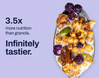 Blueberry Pecan granola on a spoon. 3.5x more nutrition than granola. Infinitely tastier.