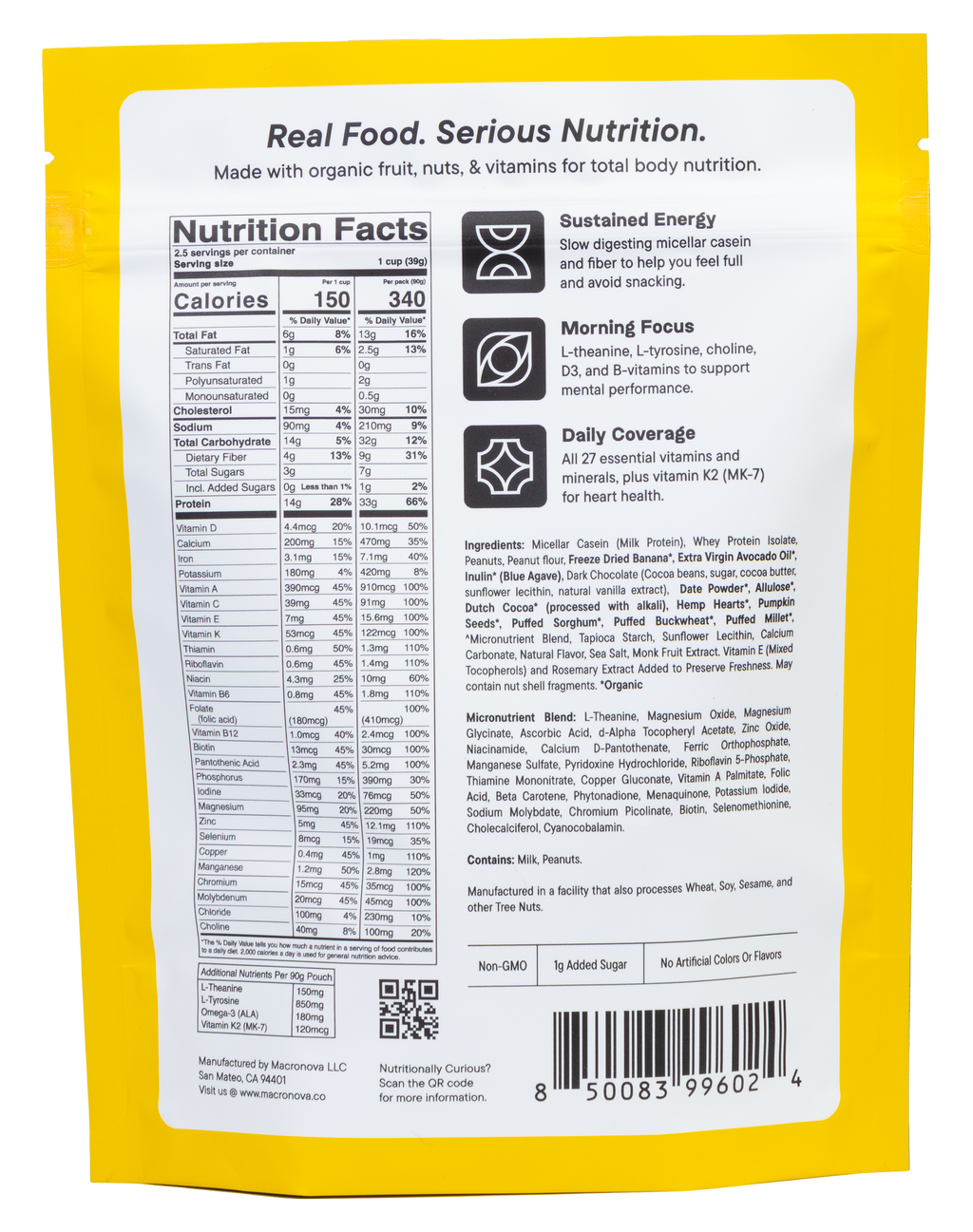 Macronova Chocolate Peanut Banana pouch, back of pack