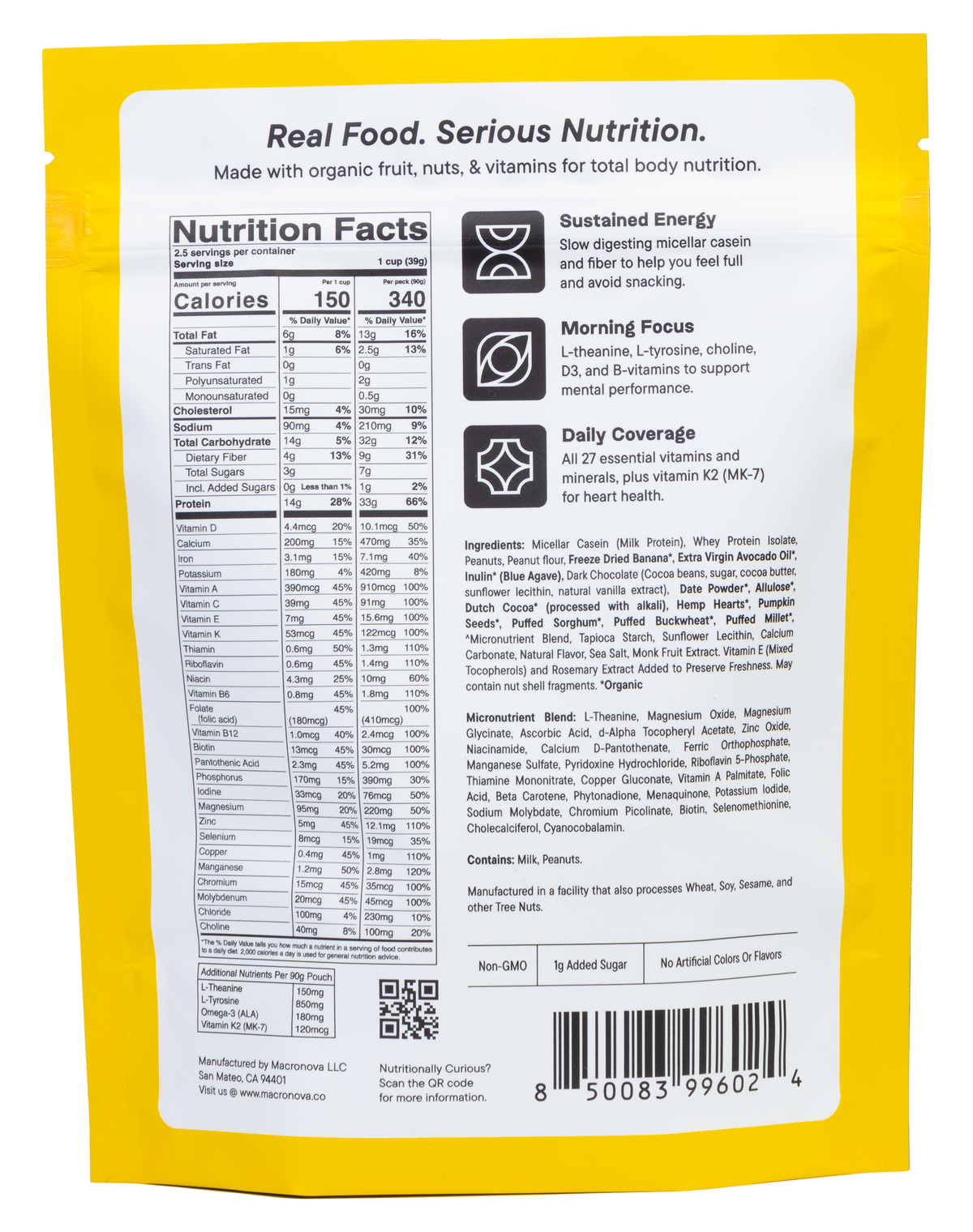 Macronova Chocolate Peanut Banana pouch, back of pack