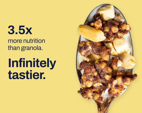 Choc-Peanut Banana granola on a spoon. 3.5x more nutrition than granola. Infinitely tastier.