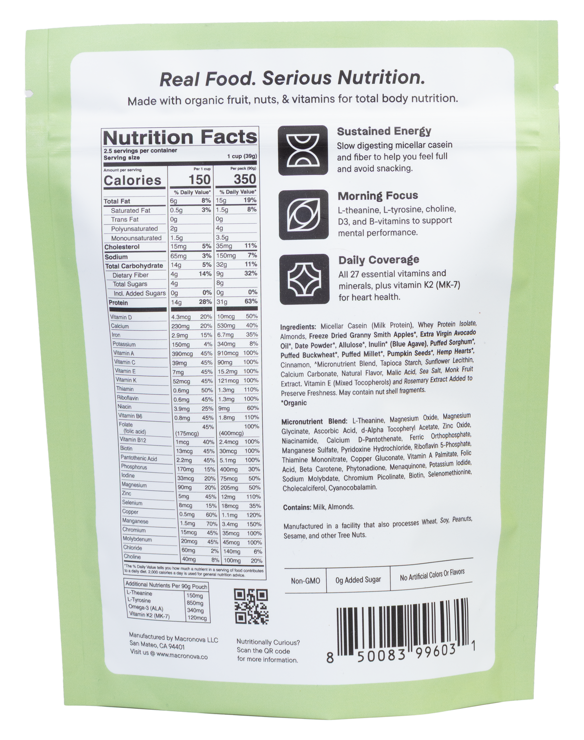 Macronova Green Apple Almond Cinnamon pouch, back of pack