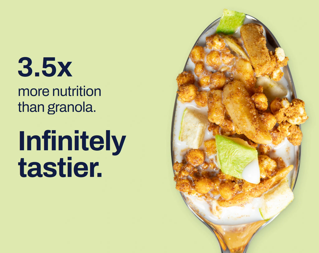 Green Apple Almond granola on a spoon. 3.5x more nutrition than granola. Infinitely tastier.