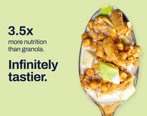 Green Apple Almond granola on a spoon. 3.5x more nutrition than granola. Infinitely tastier.