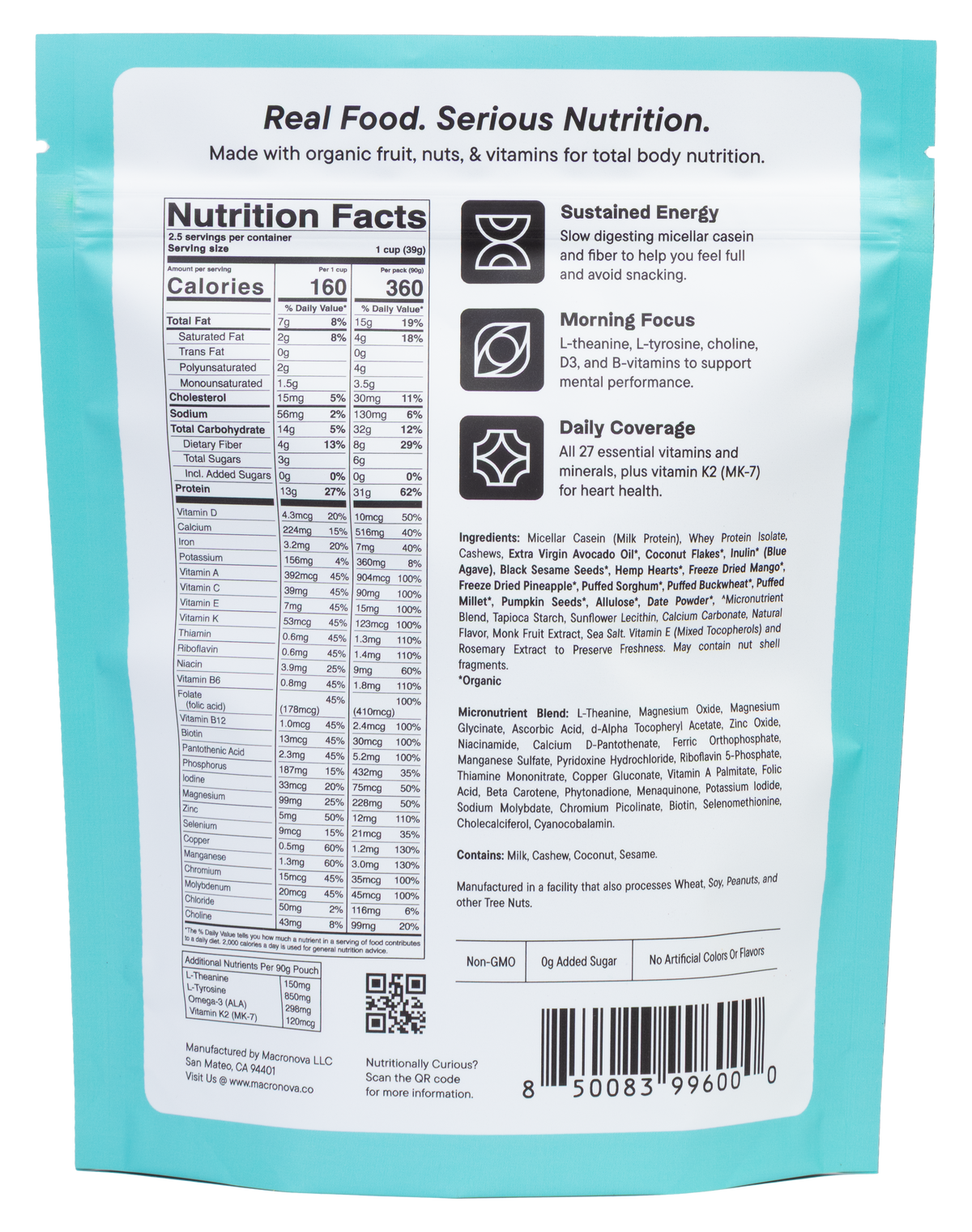Macronova Pineapple Mango Cashew pouch, back of pack