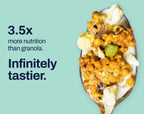 Pineapple Mango granola on a spoon. 3.5x more nutrition than granola. Infinitely tastier.