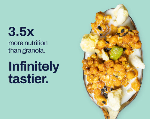 Pineapple Mango granola on a spoon. 3.5x more nutrition than granola. Infinitely tastier.