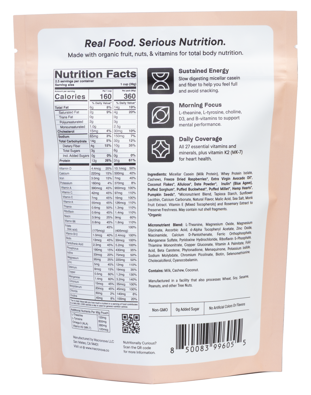 Macronova Raspberry Coconut Cashew pouch, back of pack
