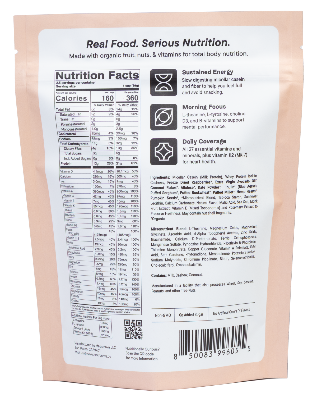 Macronova Raspberry Coconut Cashew pouch, back of pack