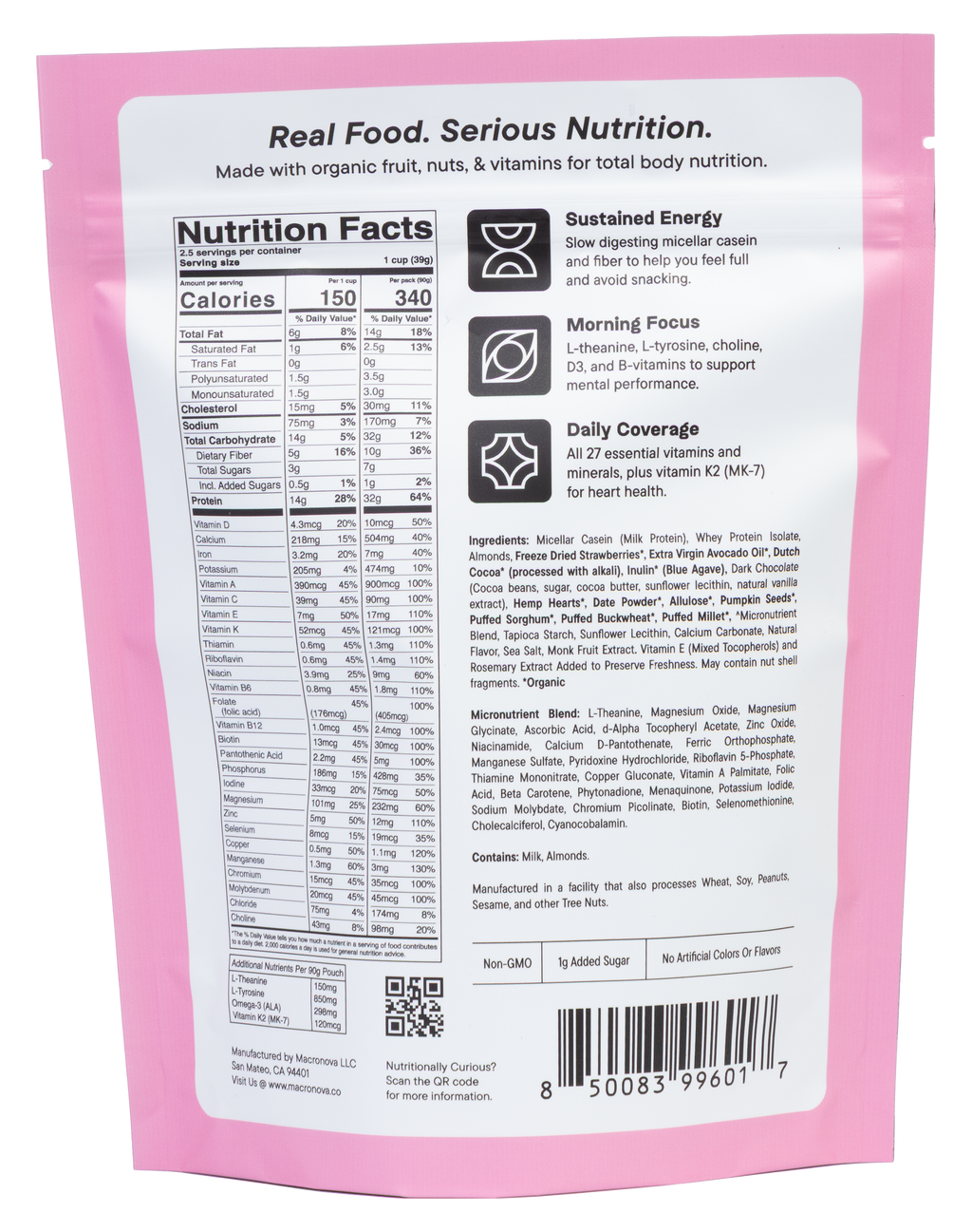Macronova Strawberry Almond Chocolate pouch, back of pack
