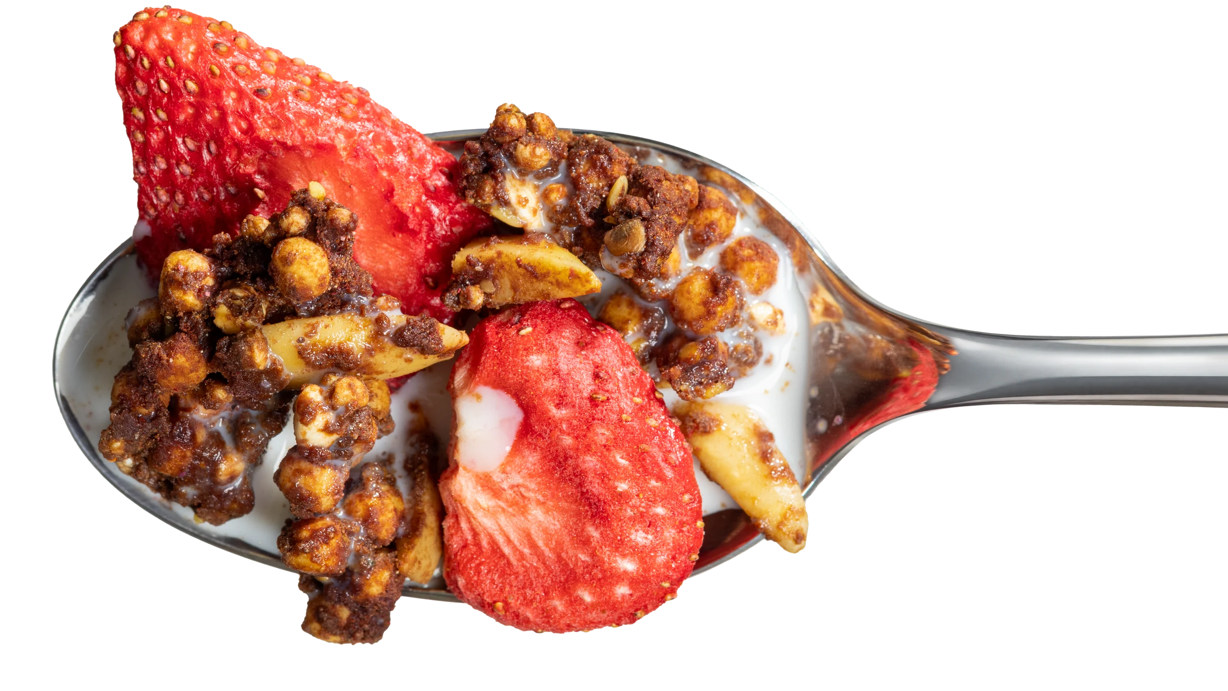 A spoonful of chocolate granola, strawberries, almonds and milk