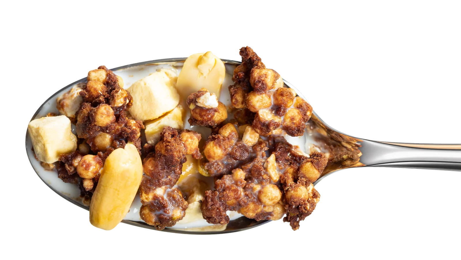 Chocolate Peanut Banana granola with milk on a spoon